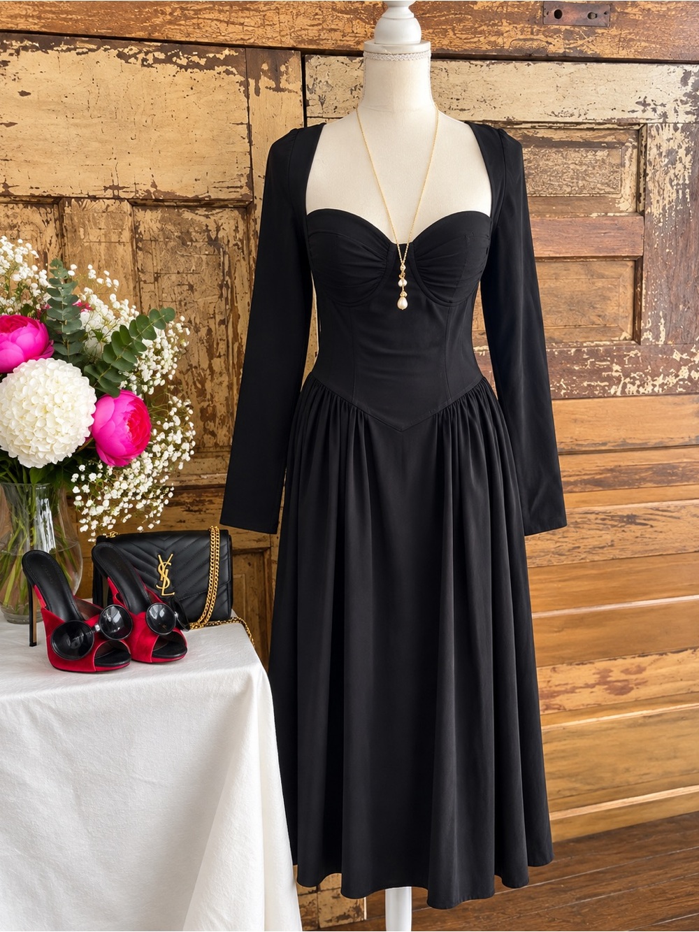 Black Sweetheart Midi Dress | Corset Bodice Open Back | Size L